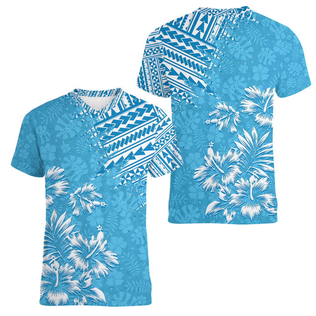 Hawaii Summer Women V Neck T Shirt Mix Polynesian Light Blue LT6 - Wonder Print Shop