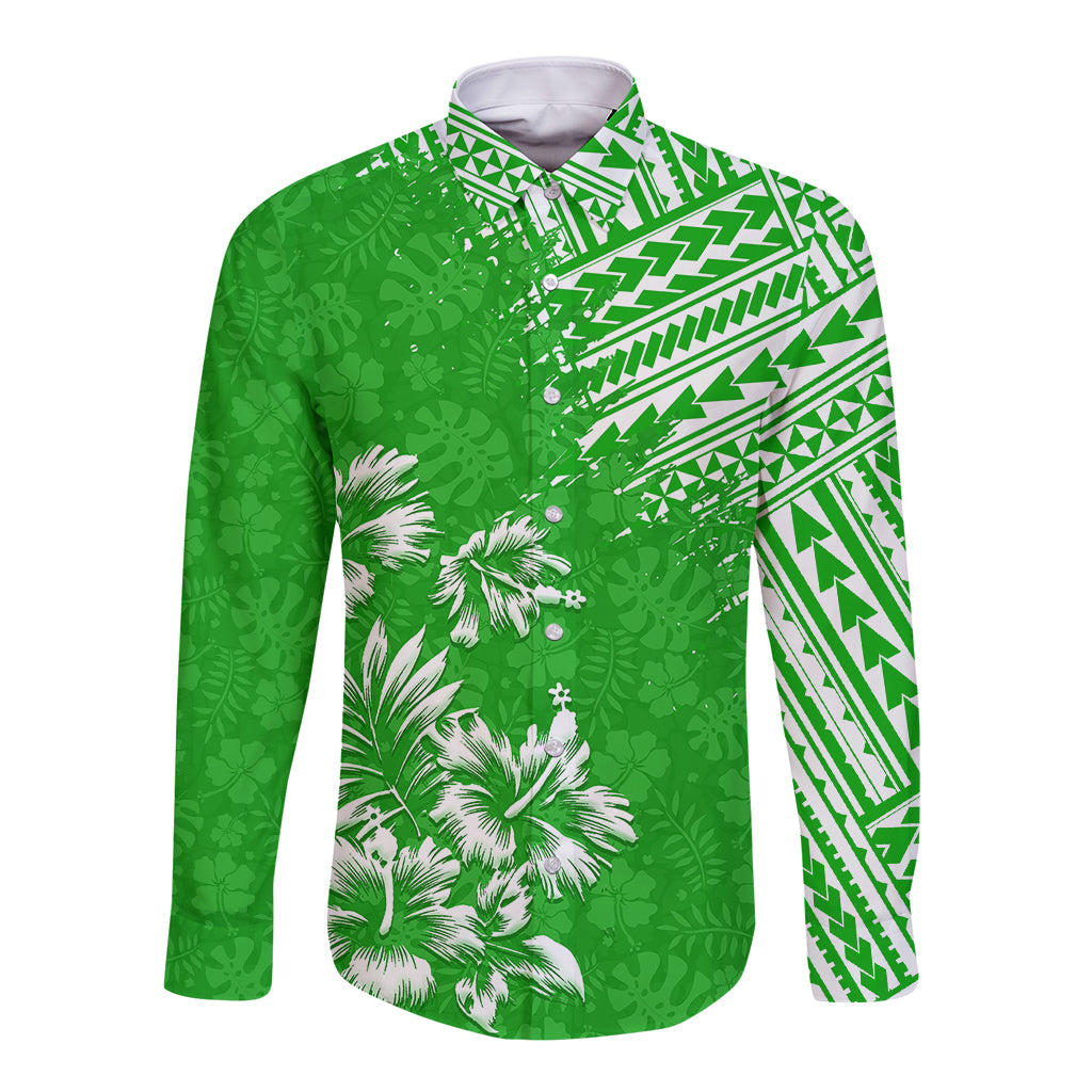 Hawaii Summer Long Sleeve Button Shirt Mix Polynesian Green LT6 - Wonder Print Shop