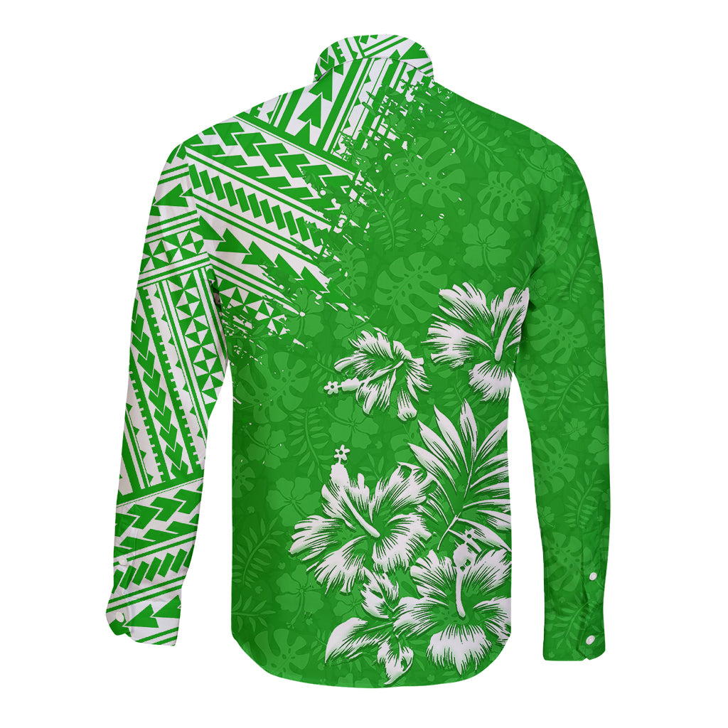 Hawaii Summer Long Sleeve Button Shirt Mix Polynesian Green LT6 - Wonder Print Shop