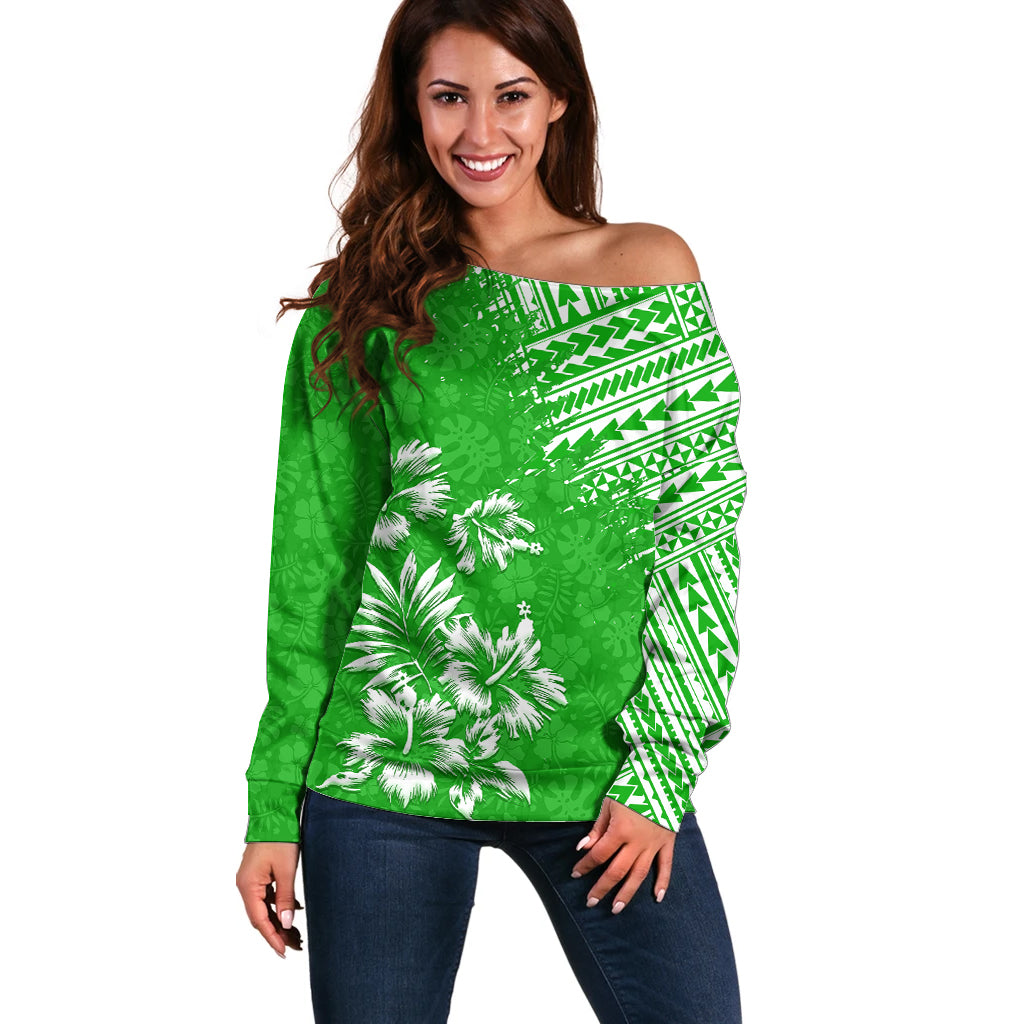Hawaii Summer Off Shoulder Sweater Mix Polynesian Green LT6 - Wonder Print Shop