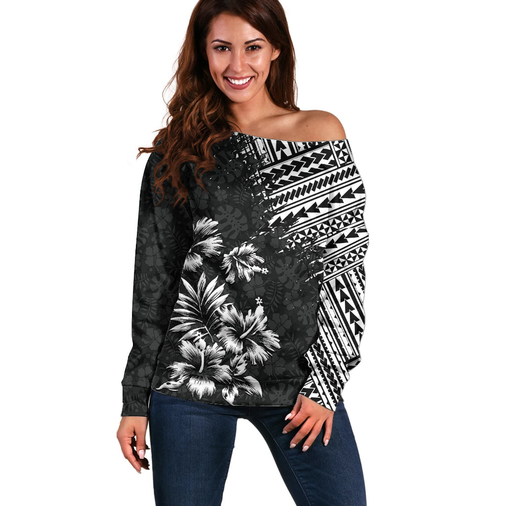 Hawaii Summer Off Shoulder Sweater Mix Polynesian Black LT6 - Wonder Print Shop