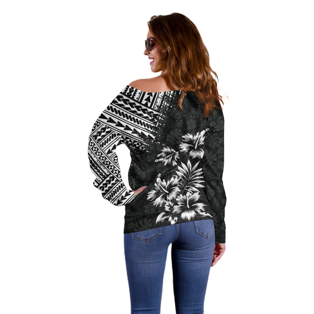 Hawaii Summer Off Shoulder Sweater Mix Polynesian Black LT6 - Wonder Print Shop