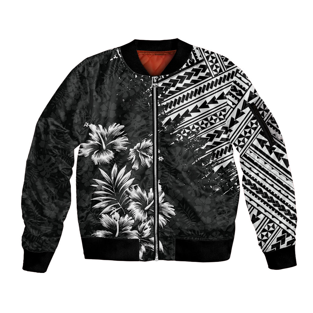Hawaii Summer Sleeve Zip Bomber Jacket Mix Polynesian Black LT6 - Wonder Print Shop