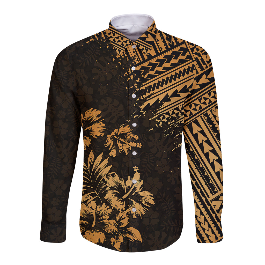 Hawaii Summer Long Sleeve Button Shirt Mix Polynesian Gold LT6 - Wonder Print Shop