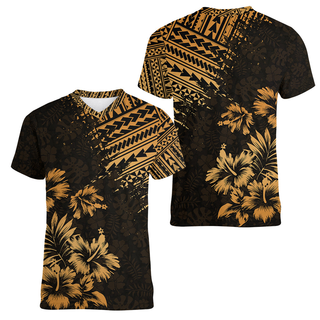 Hawaii Summer Women V Neck T Shirt Mix Polynesian Gold LT6 - Wonder Print Shop