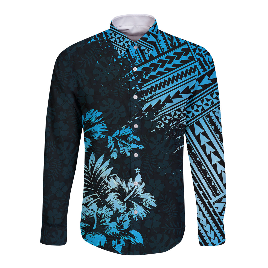 Hawaii Summer Long Sleeve Button Shirt Mix Polynesian Black-Blue LT6 - Wonder Print Shop