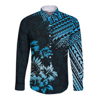 Hawaii Summer Long Sleeve Button Shirt Mix Polynesian Black-Blue LT6 - Wonder Print Shop