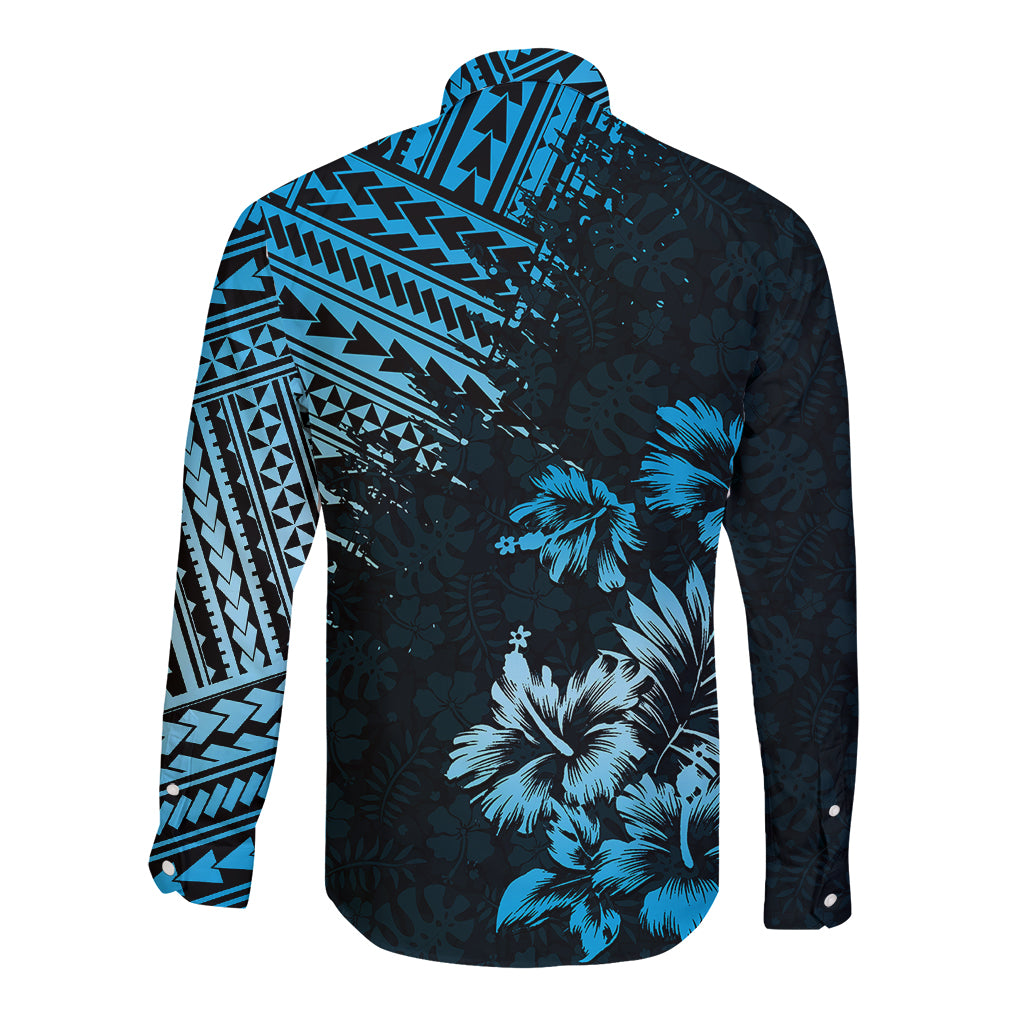 Hawaii Summer Long Sleeve Button Shirt Mix Polynesian Black-Blue LT6 - Wonder Print Shop