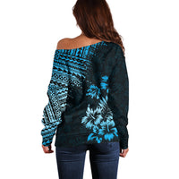Hawaii Summer Off Shoulder Sweater Mix Polynesian Black-Blue LT6 - Wonder Print Shop