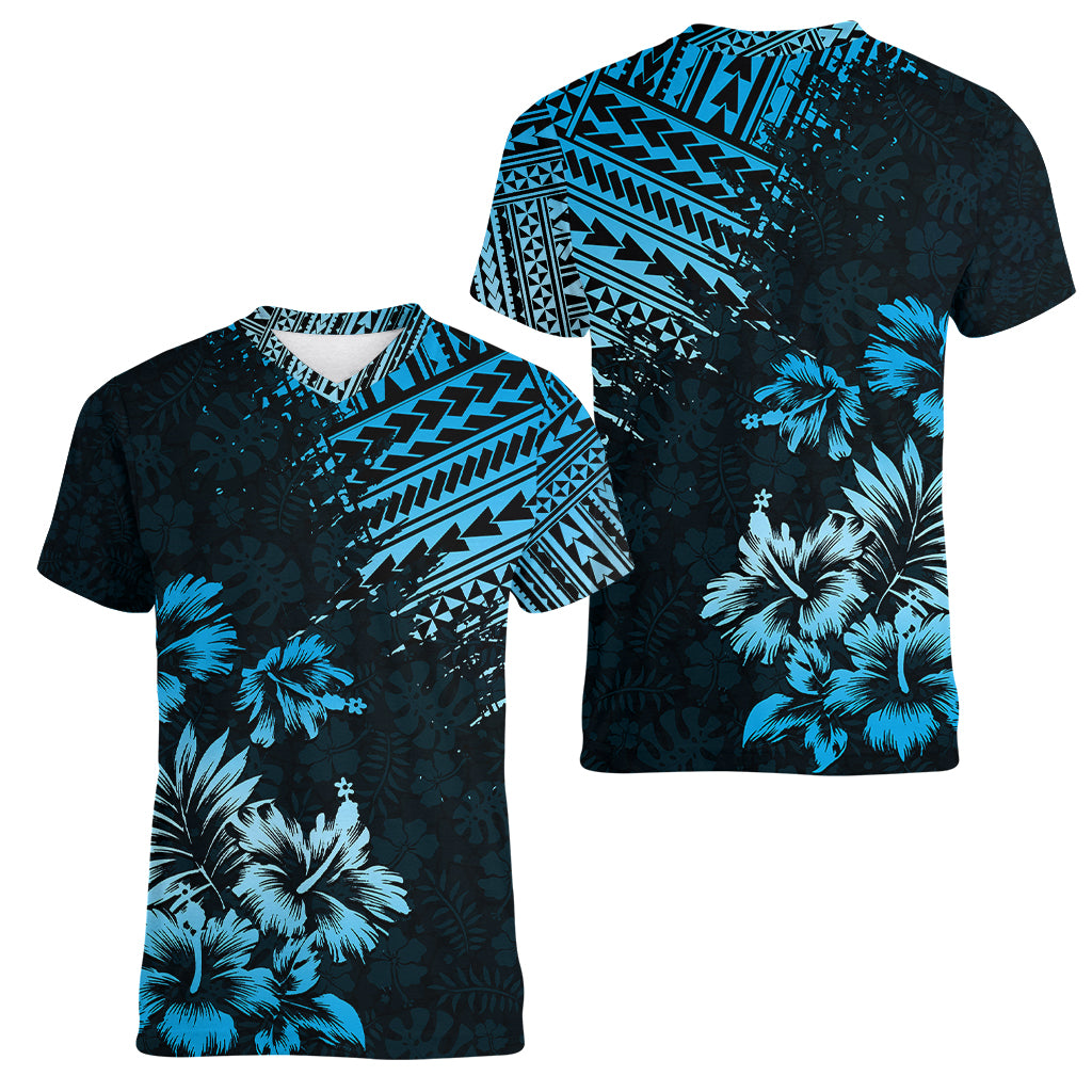 Hawaii Summer Women V Neck T Shirt Mix Polynesian Black-Blue LT6 - Wonder Print Shop