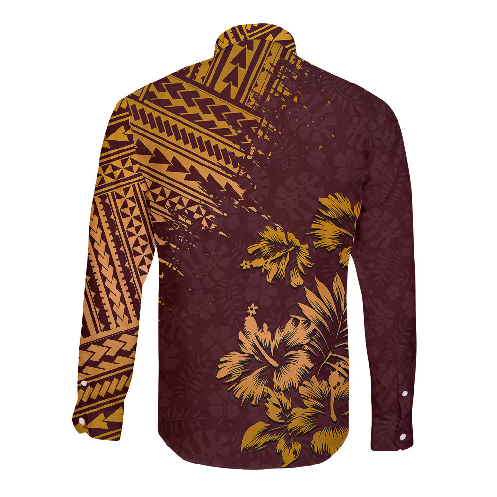 Hawaii Summer Long Sleeve Button Shirt Mix Polynesian Brown LT6 - Wonder Print Shop