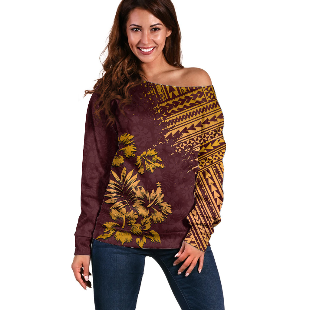 Hawaii Summer Off Shoulder Sweater Mix Polynesian Brown LT6 - Wonder Print Shop
