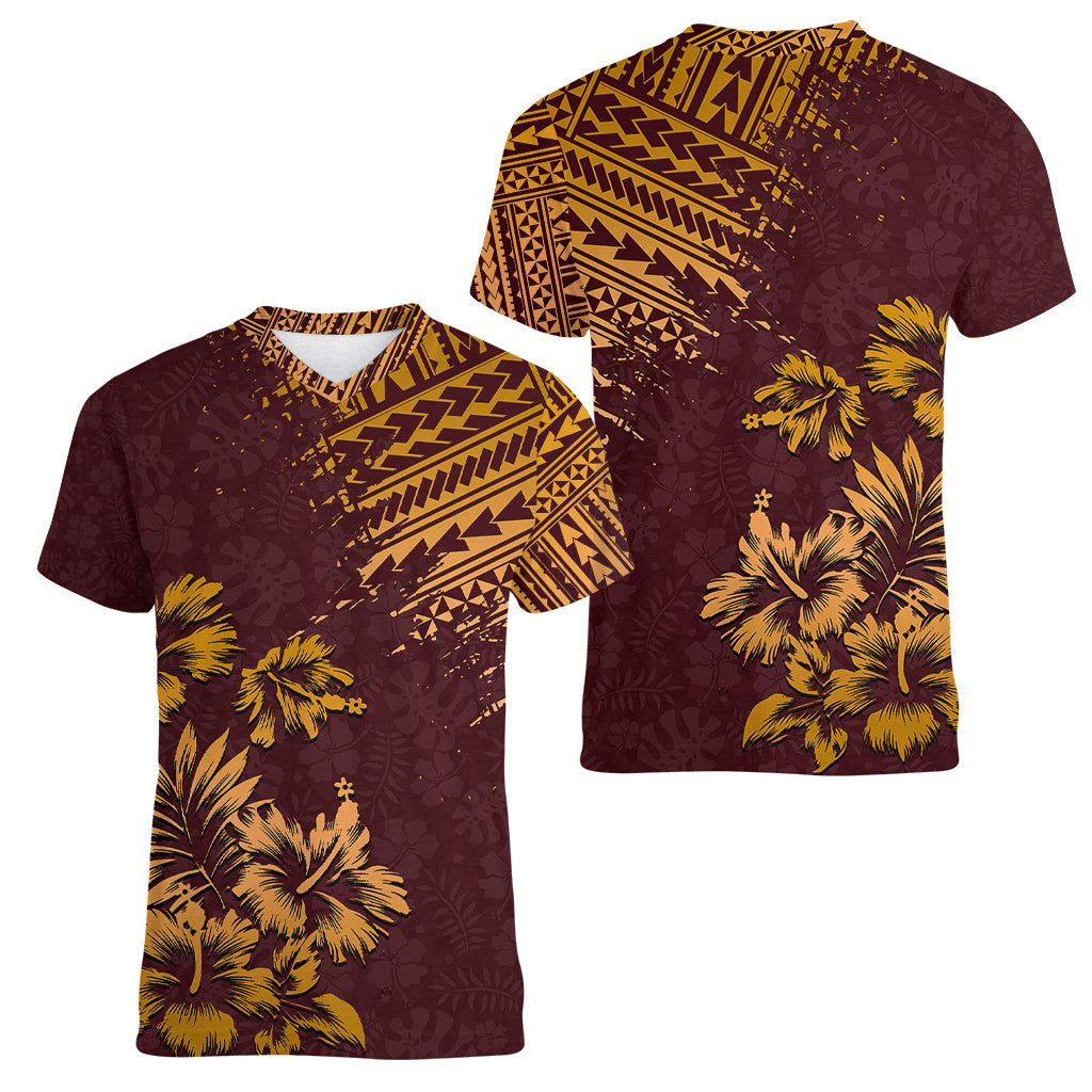 Hawaii Summer Women V Neck T Shirt Mix Polynesian Brown LT6 - Wonder Print Shop