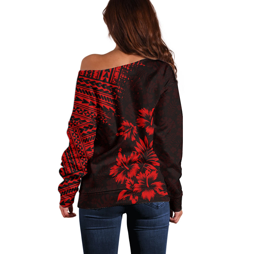 Hawaii Summer Off Shoulder Sweater Mix Polynesian Black-Red LT6 - Wonder Print Shop