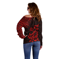 Hawaii Summer Off Shoulder Sweater Mix Polynesian Black-Red LT6 - Wonder Print Shop