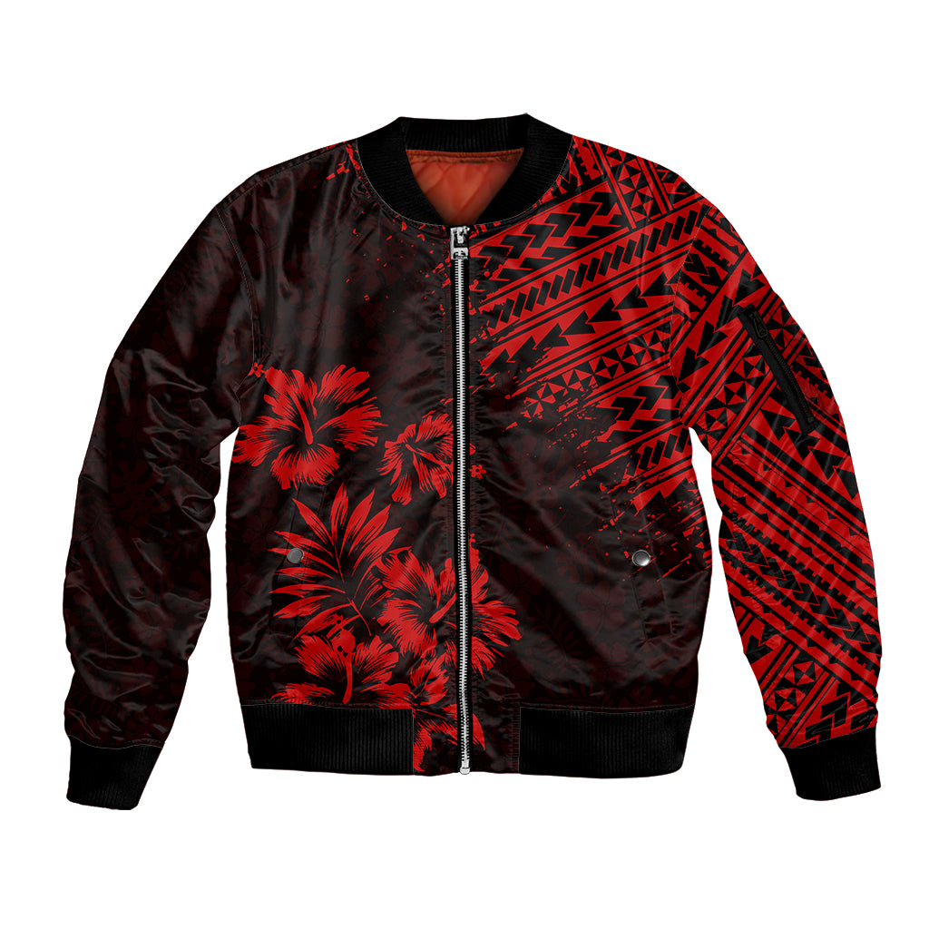Hawaii Summer Sleeve Zip Bomber Jacket Mix Polynesian Black-Red LT6 - Wonder Print Shop