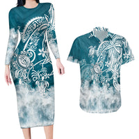 Polynesian Sea Turtle Couples Matching Long Sleeve Bodycon Dress and Hawaiian Shirt Tribal LT6 - Wonder Print Shop