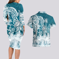 Polynesian Sea Turtle Couples Matching Long Sleeve Bodycon Dress and Hawaiian Shirt Tribal LT6 - Wonder Print Shop