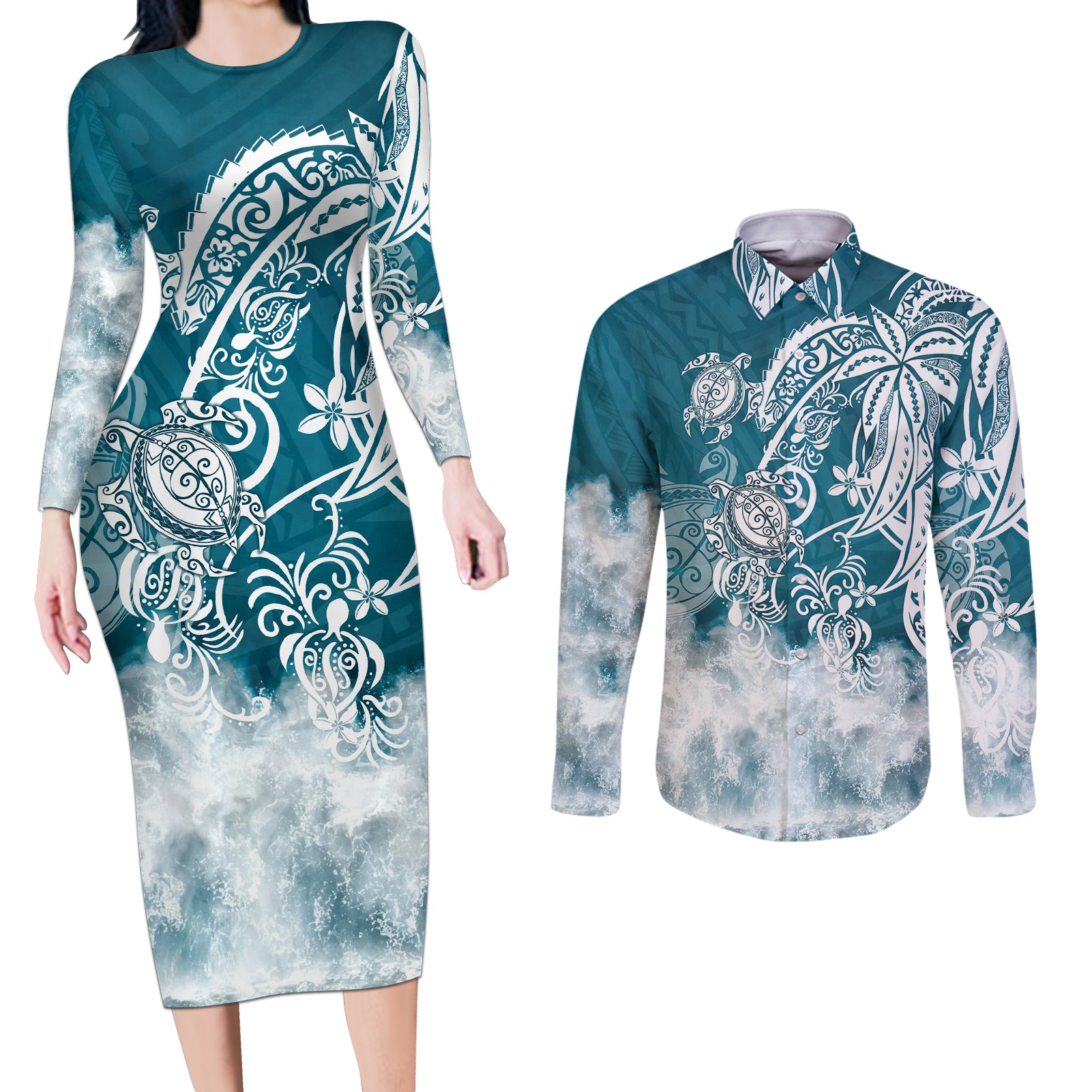 Polynesian Sea Turtle Couples Matching Long Sleeve Bodycon Dress and Long Sleeve Button Shirts Tribal LT6 - Wonder Print Shop