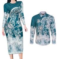 Polynesian Sea Turtle Couples Matching Long Sleeve Bodycon Dress and Long Sleeve Button Shirts Tribal LT6 - Wonder Print Shop