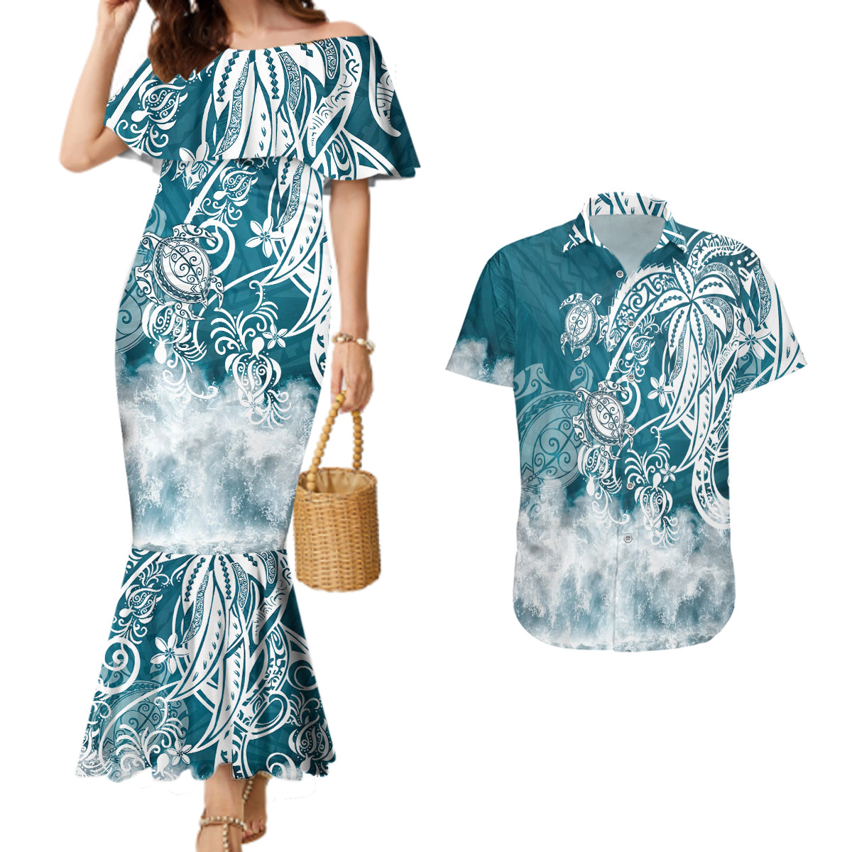 Polynesian Sea Turtle Couples Matching Mermaid Dress And Hawaiian Shirt Tribal LT6 - Wonder Print Shop