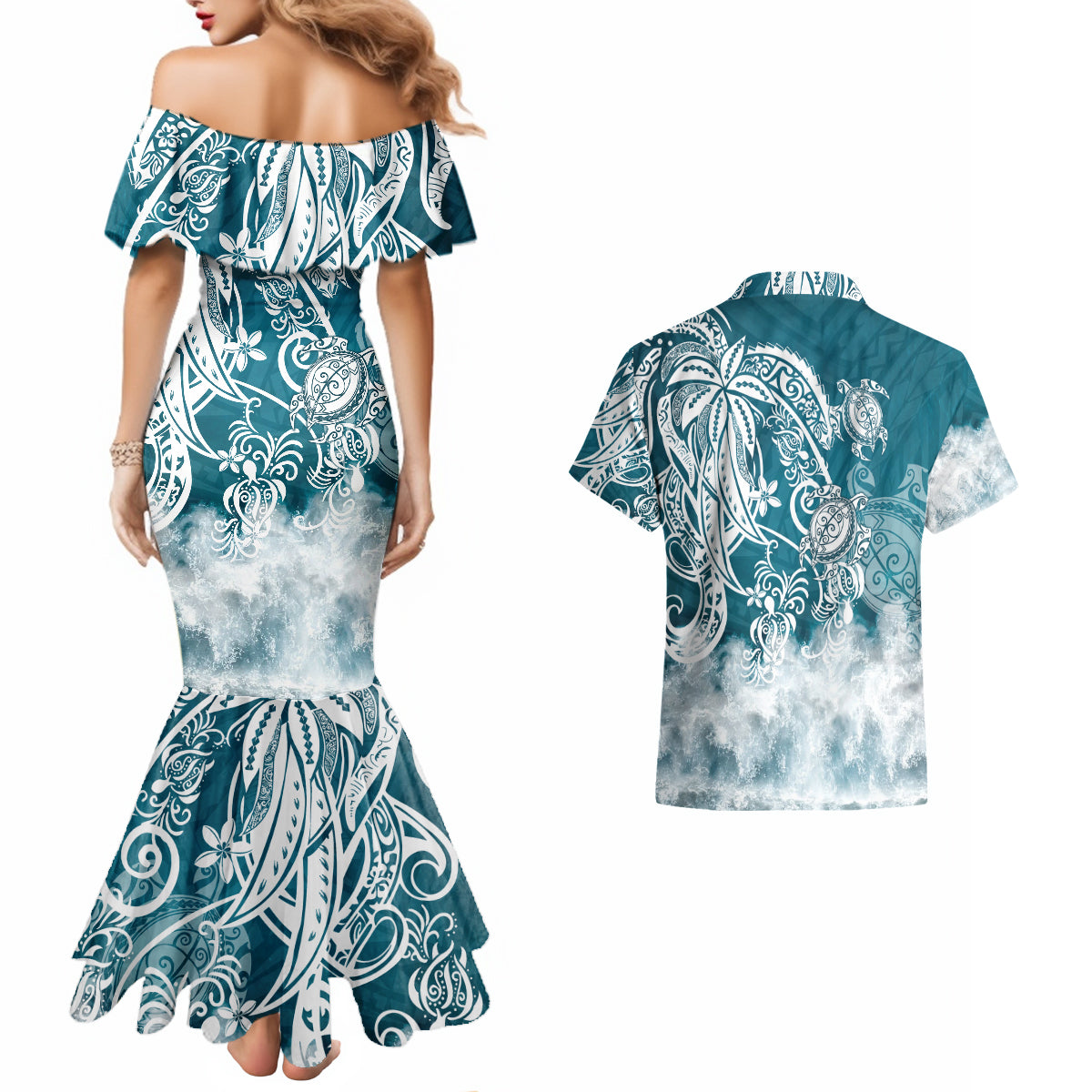 Polynesian Sea Turtle Couples Matching Mermaid Dress And Hawaiian Shirt Tribal LT6 - Wonder Print Shop