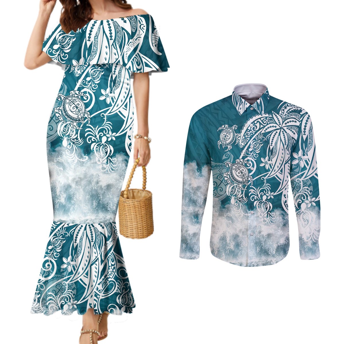 polynesian-sea-turtle-couples-matching-mermaid-dress-and-long-sleeve-button-shirts-tribal