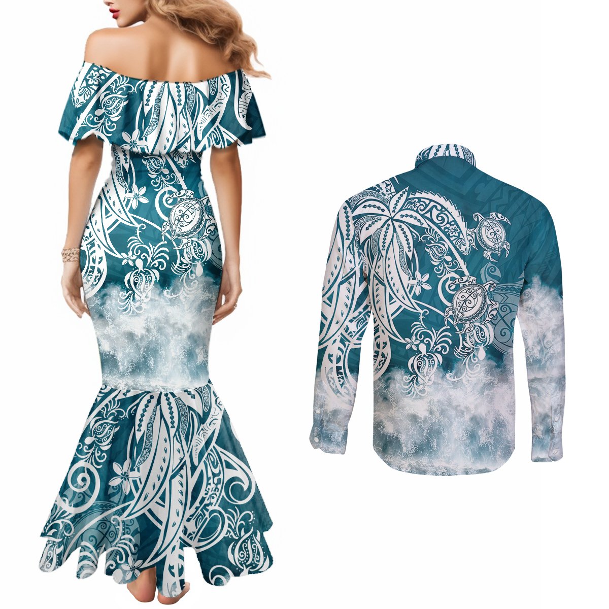 polynesian-sea-turtle-couples-matching-mermaid-dress-and-long-sleeve-button-shirts-tribal