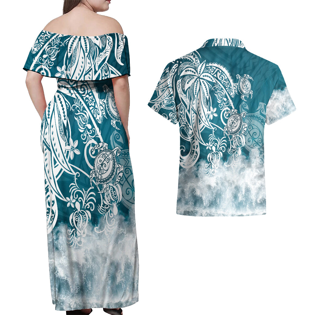 Polynesian Sea Turtle Couples Matching Off Shoulder Maxi Dress and Hawaiian Shirt Tribal LT6 - Wonder Print Shop
