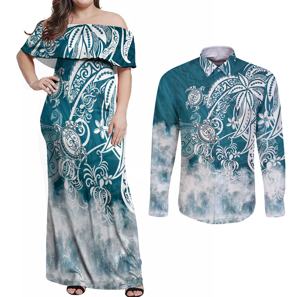 Polynesian Sea Turtle Couples Matching Off Shoulder Maxi Dress and Long Sleeve Button Shirts Tribal LT6 - Wonder Print Shop