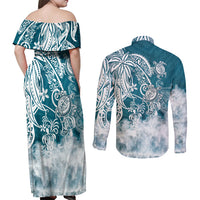 Polynesian Sea Turtle Couples Matching Off Shoulder Maxi Dress and Long Sleeve Button Shirts Tribal LT6 - Wonder Print Shop