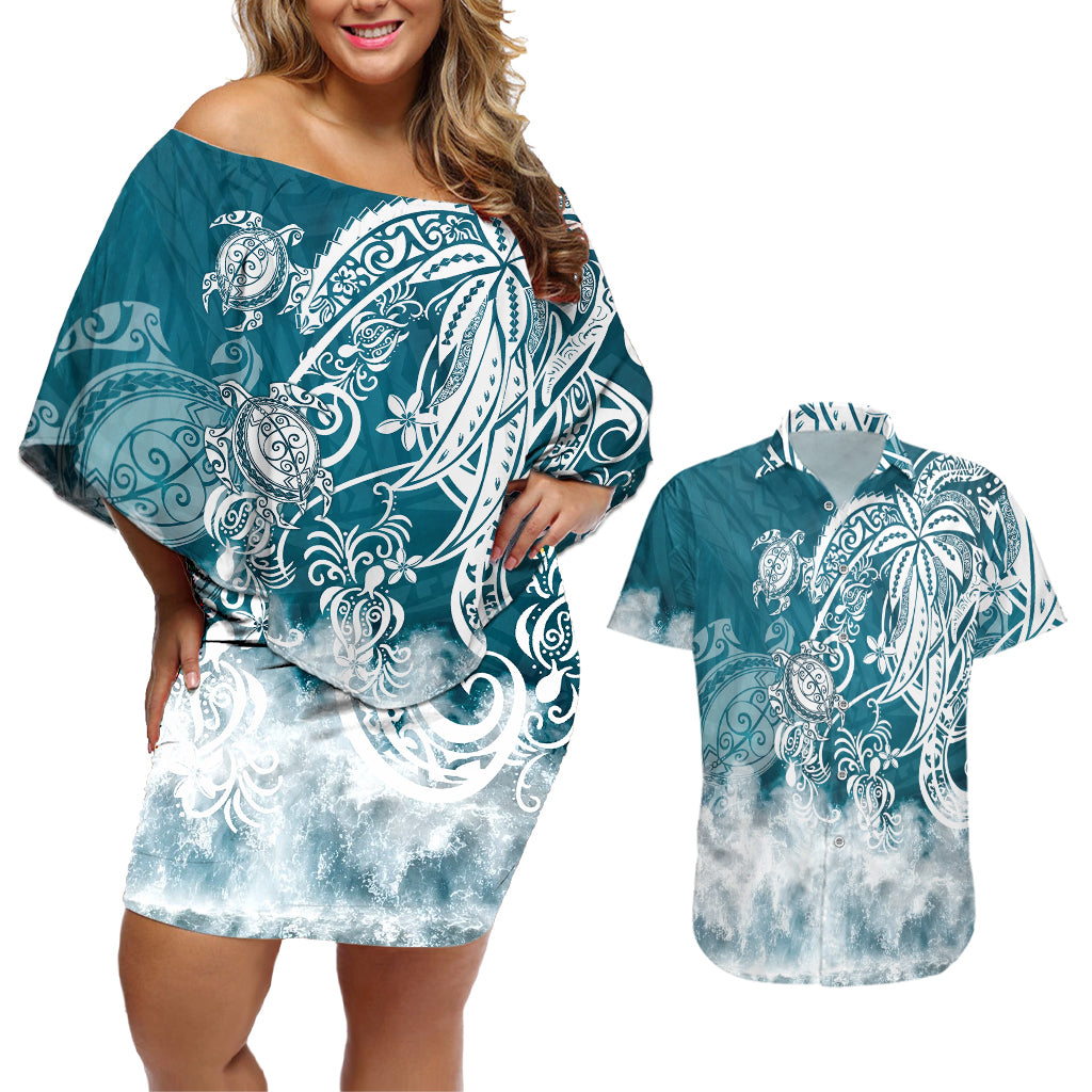 Polynesian Sea Turtle Couples Matching Off Shoulder Short Dress and Hawaiian Shirt Tribal LT6 - Wonder Print Shop