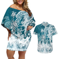 Polynesian Sea Turtle Couples Matching Off Shoulder Short Dress and Hawaiian Shirt Tribal LT6 - Wonder Print Shop