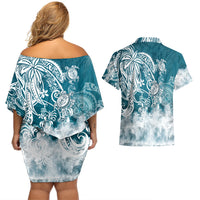 Polynesian Sea Turtle Couples Matching Off Shoulder Short Dress and Hawaiian Shirt Tribal LT6 - Wonder Print Shop