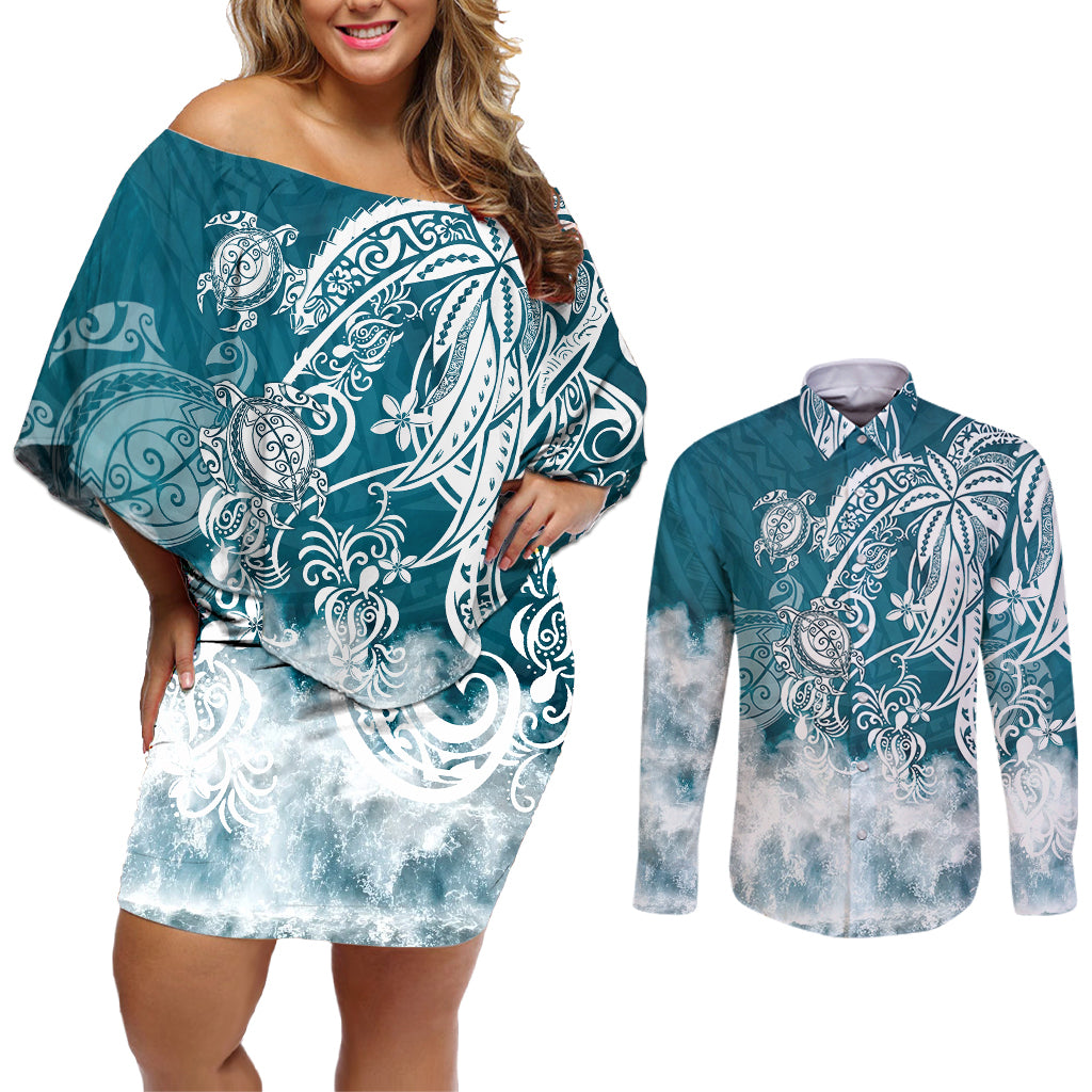 Polynesian Sea Turtle Couples Matching Off Shoulder Short Dress and Long Sleeve Button Shirts Tribal LT6 - Wonder Print Shop