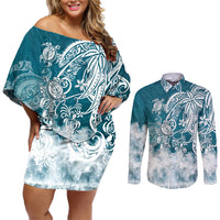Polynesian Sea Turtle Couples Matching Off Shoulder Short Dress and Long Sleeve Button Shirts Tribal LT6 - Wonder Print Shop