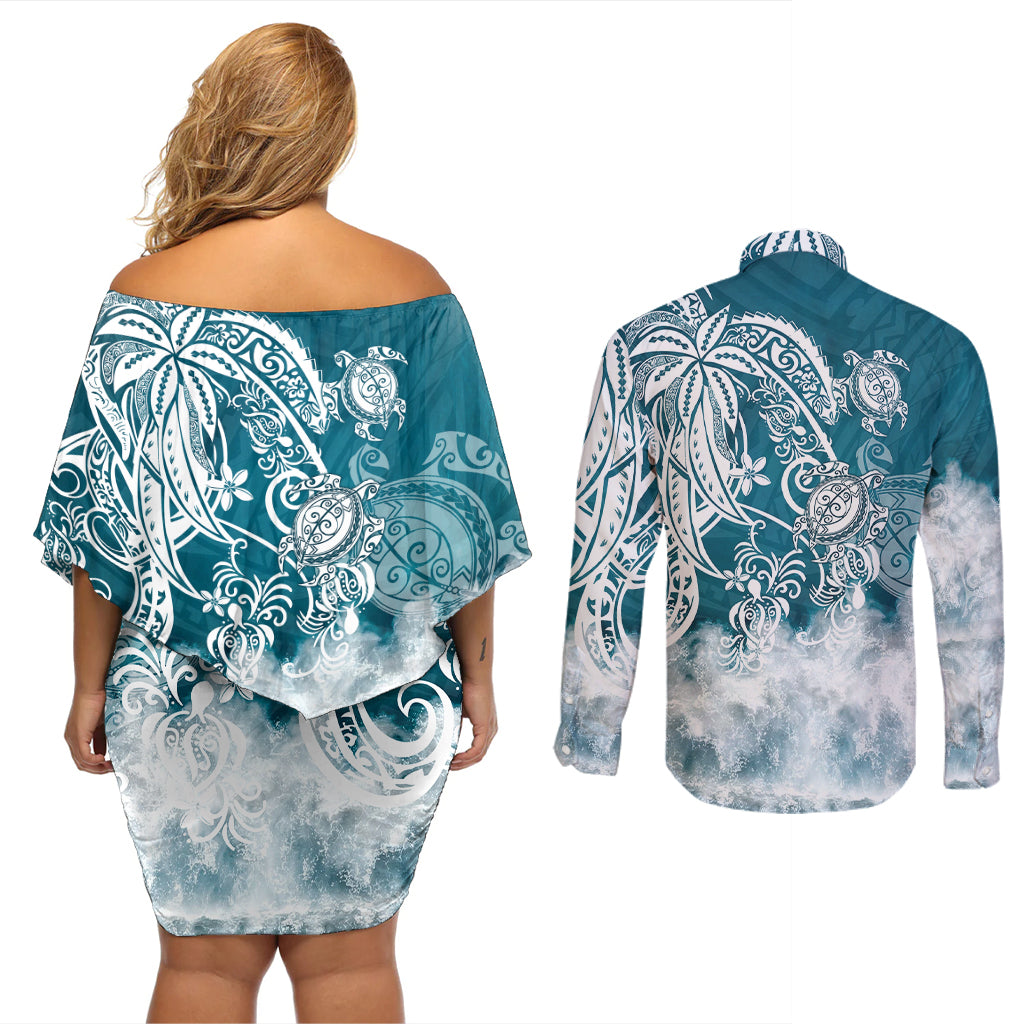 Polynesian Sea Turtle Couples Matching Off Shoulder Short Dress and Long Sleeve Button Shirts Tribal LT6 - Wonder Print Shop