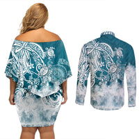 Polynesian Sea Turtle Couples Matching Off Shoulder Short Dress and Long Sleeve Button Shirts Tribal LT6 - Wonder Print Shop