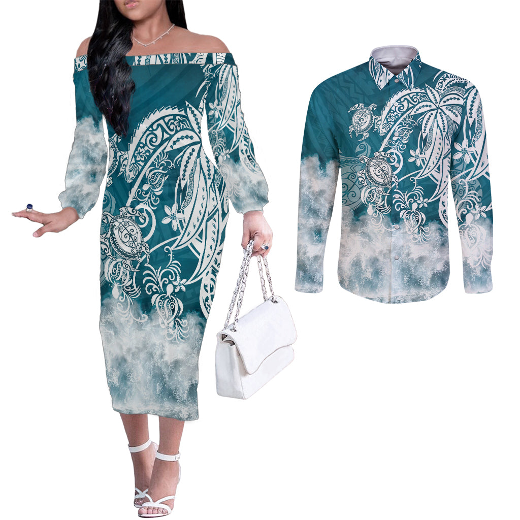 polynesian-sea-turtle-couples-matching-off-the-shoulder-long-sleeve-dress-and-long-sleeve-button-shirts-tribal