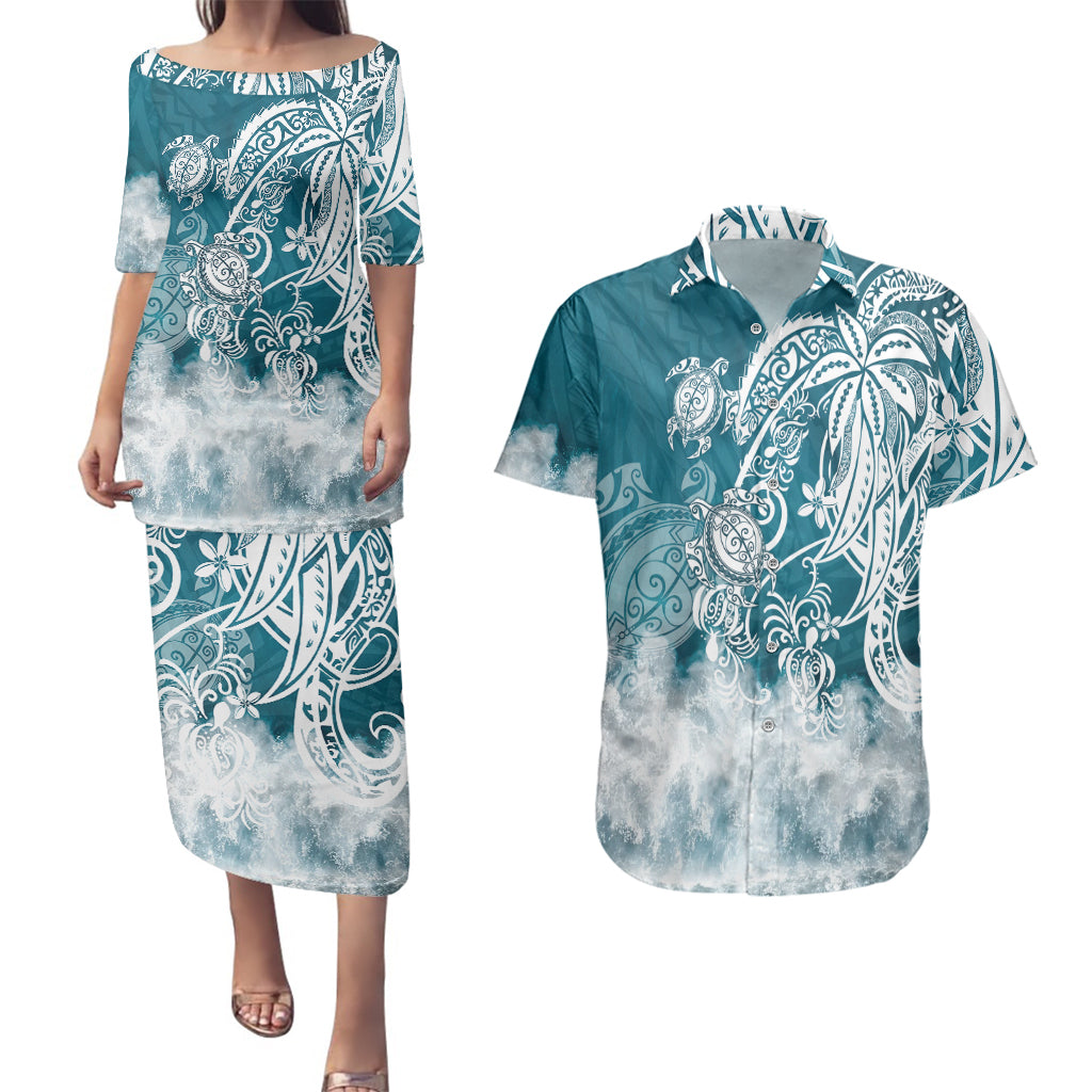 Polynesian Sea Turtle Couples Matching Puletasi Dress and Hawaiian Shirt Tribal LT6 - Wonder Print Shop