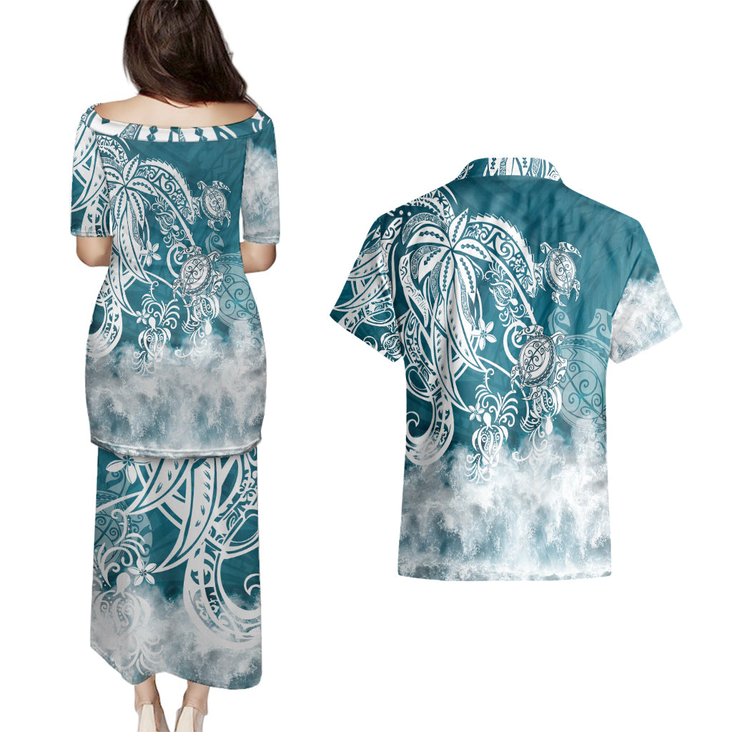 Polynesian Sea Turtle Couples Matching Puletasi Dress and Hawaiian Shirt Tribal LT6 - Wonder Print Shop