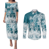Polynesian Sea Turtle Couples Matching Puletasi Dress and Long Sleeve Button Shirts Tribal LT6 - Wonder Print Shop
