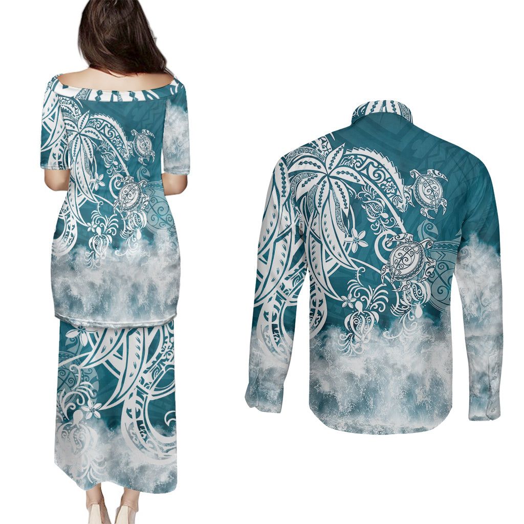 Polynesian Sea Turtle Couples Matching Puletasi Dress and Long Sleeve Button Shirts Tribal LT6 - Wonder Print Shop
