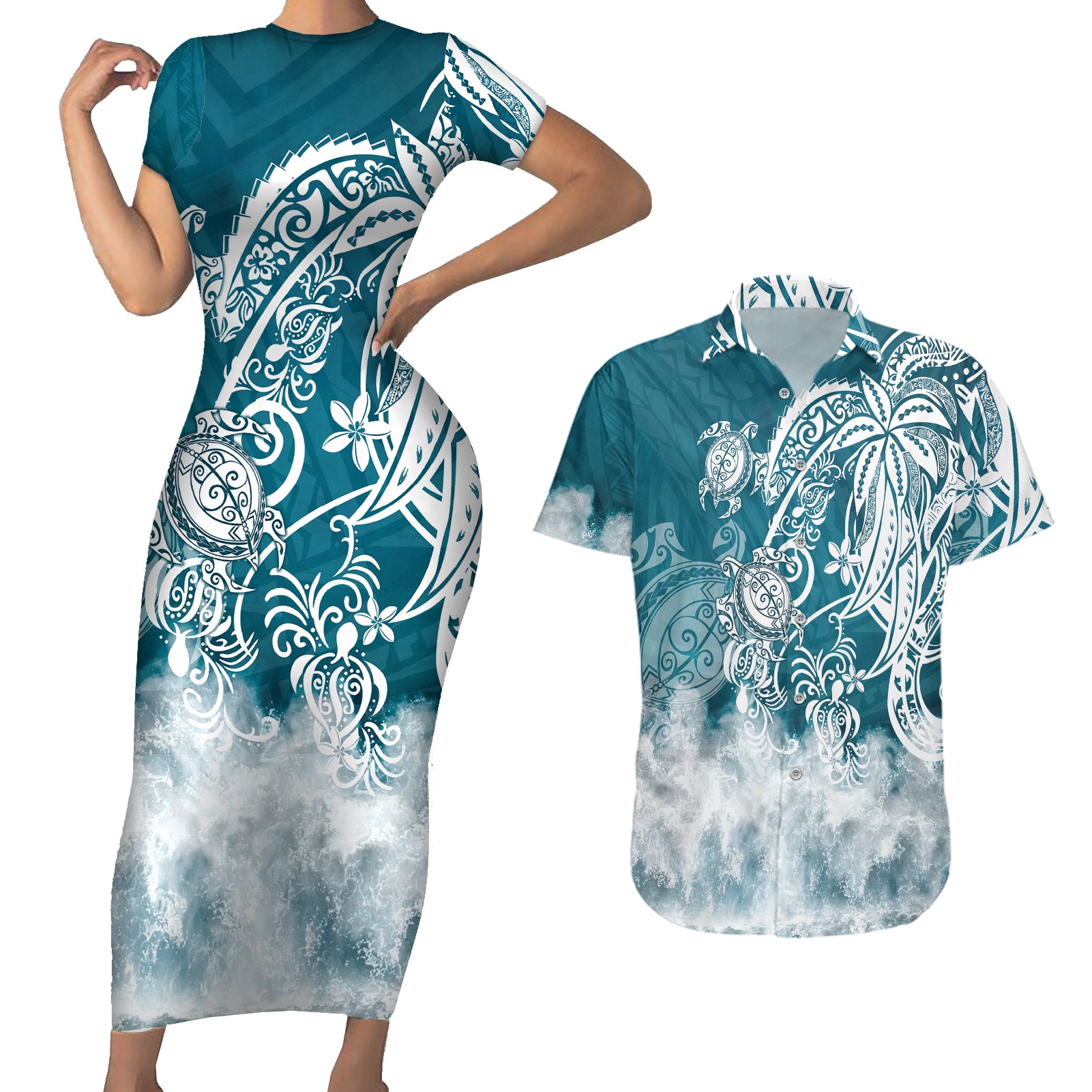 Polynesian Sea Turtle Couples Matching Short Sleeve Bodycon Dress and Hawaiian Shirt Tribal LT6 - Wonder Print Shop