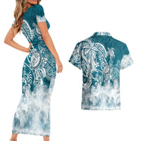 Polynesian Sea Turtle Couples Matching Short Sleeve Bodycon Dress and Hawaiian Shirt Tribal LT6 - Wonder Print Shop