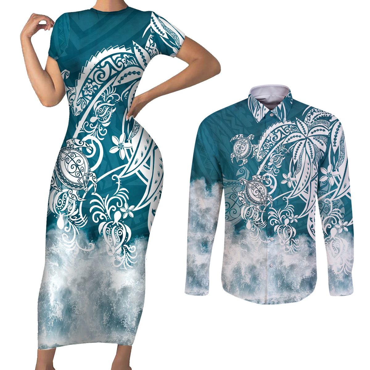 Polynesian Sea Turtle Couples Matching Short Sleeve Bodycon Dress and Long Sleeve Button Shirts Tribal LT6 - Wonder Print Shop