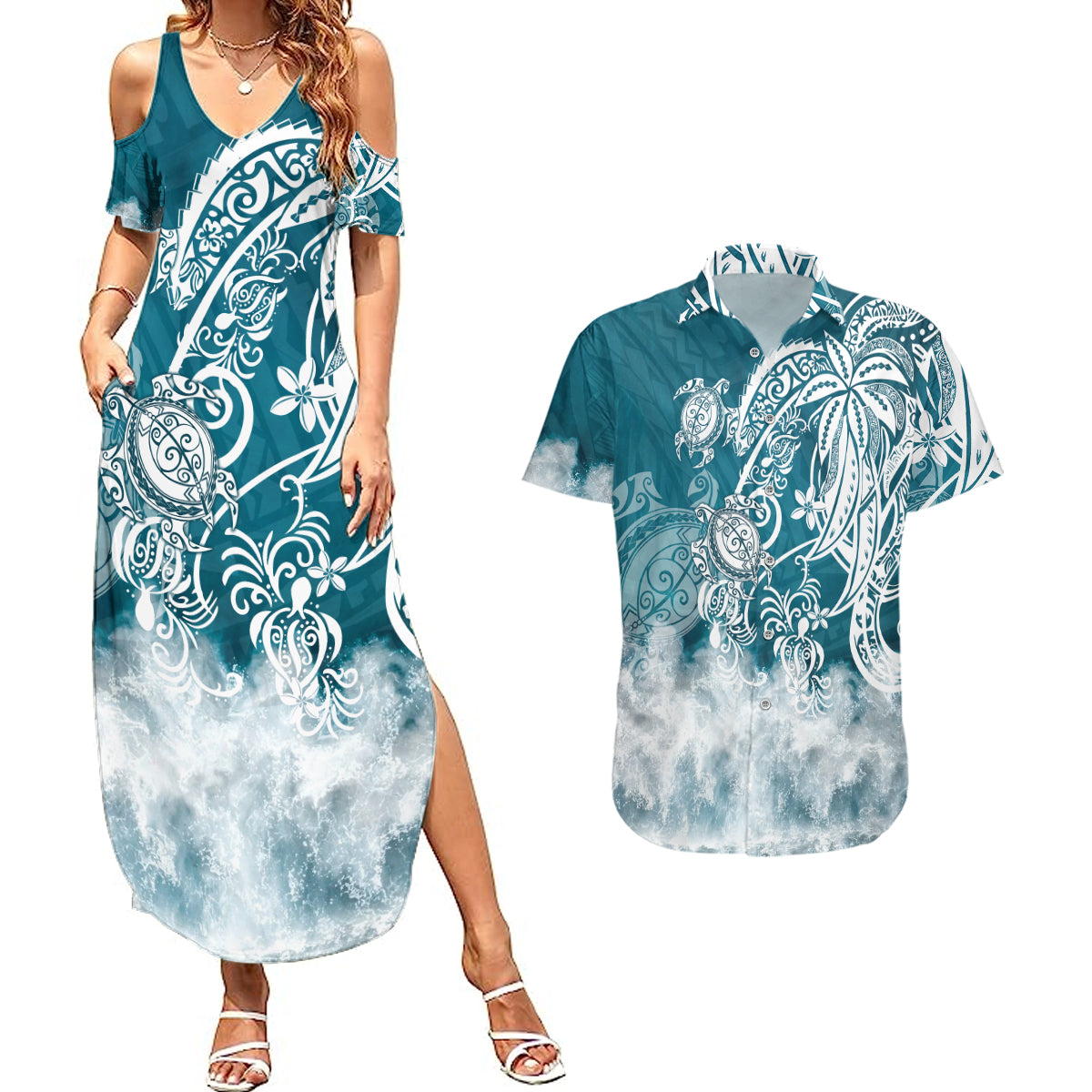 Polynesian Sea Turtle Couples Matching Summer Maxi Dress and Hawaiian Shirt Tribal LT6 - Wonder Print Shop