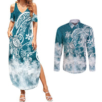 Polynesian Sea Turtle Couples Matching Summer Maxi Dress and Long Sleeve Button Shirts Tribal LT6 - Wonder Print Shop