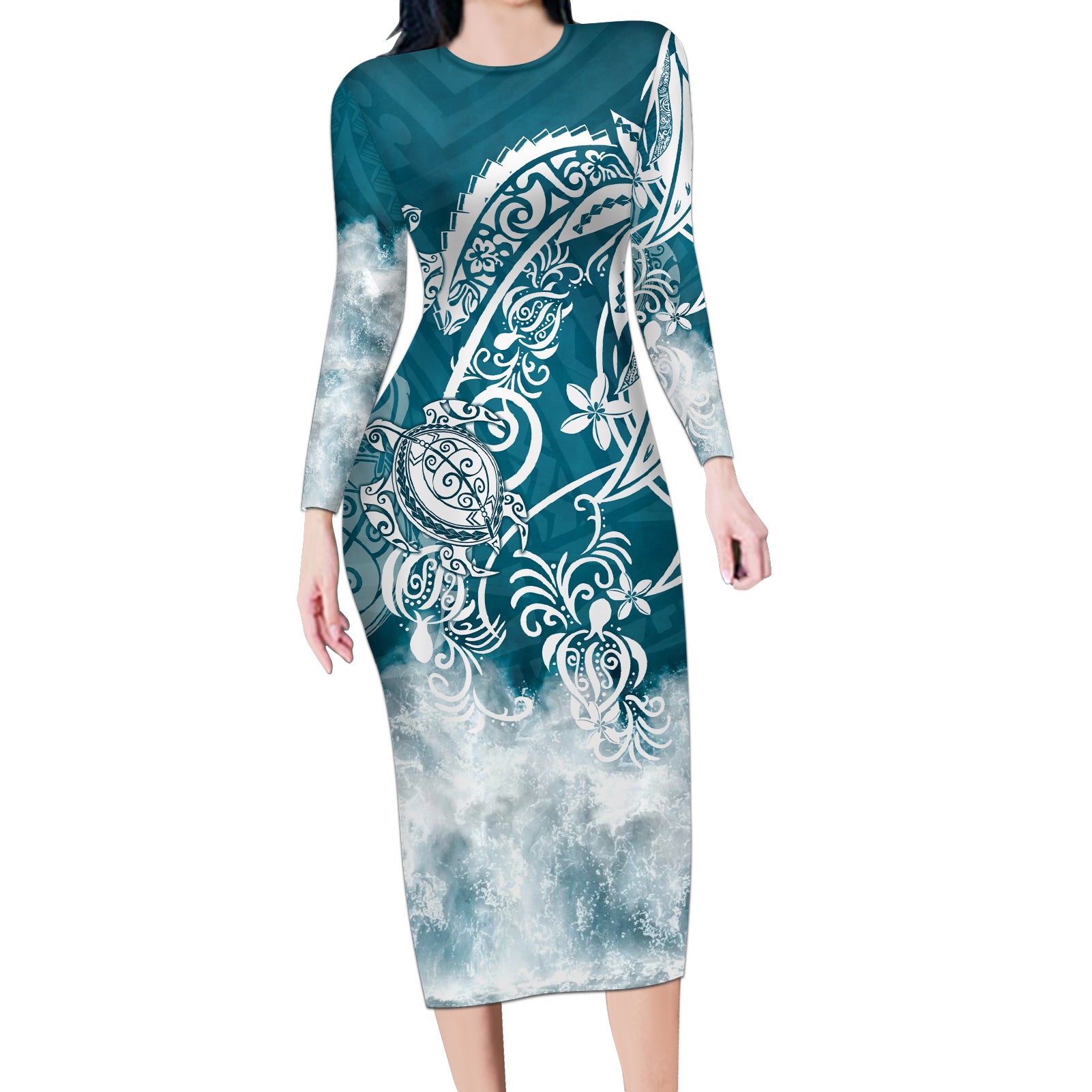 Polynesian Sea Turtle Long Sleeve Bodycon Dress Tribal LT6 - Wonder Print Shop