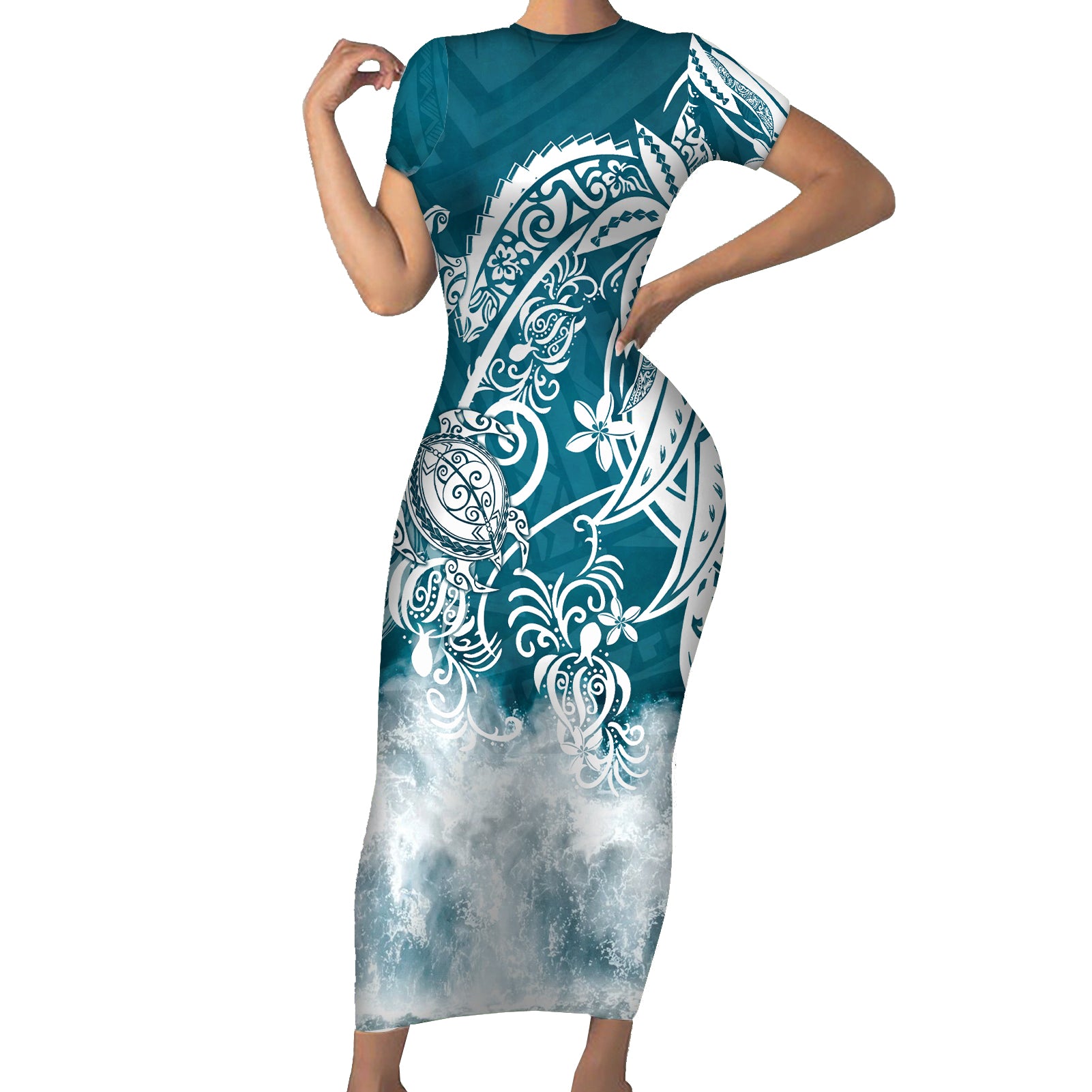 Polynesian Sea Turtle Short Sleeve Bodycon Dress Tribal LT6 - Wonder Print Shop